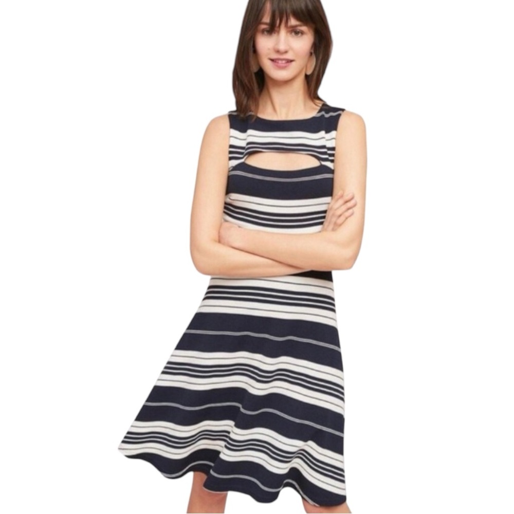 Anthropologie Maeve Riley Striped Knit Dress Navy Blue White Size 6 Small